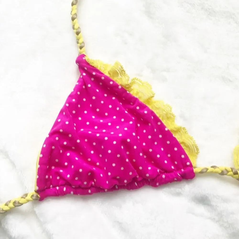Beach bunny lady lace pink polka dot yellow reversible bikini top small braided